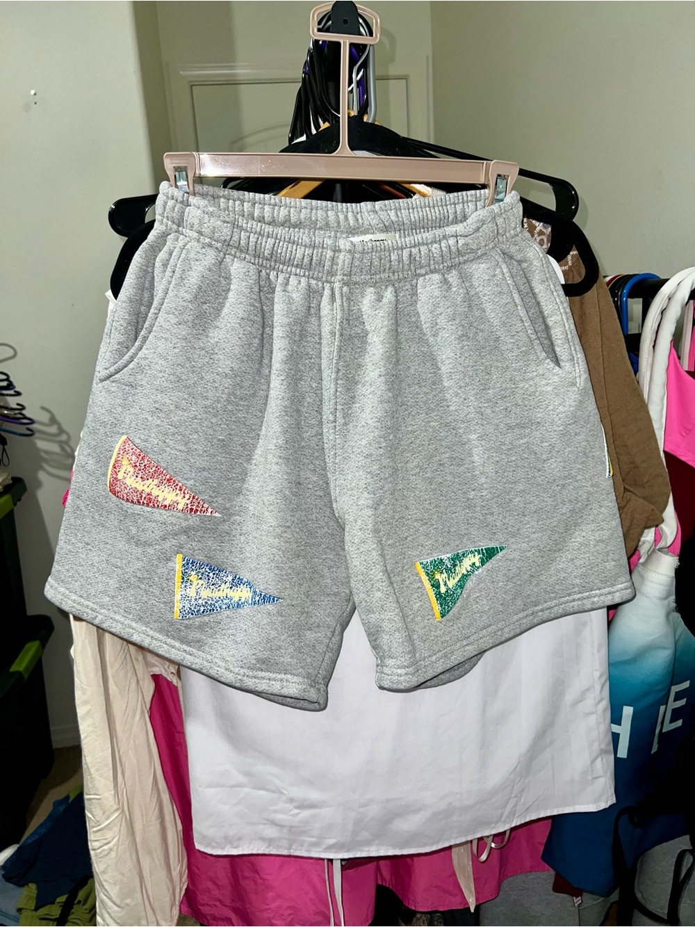 Madhappy Grey Pennant Flag Sweat Shorts.